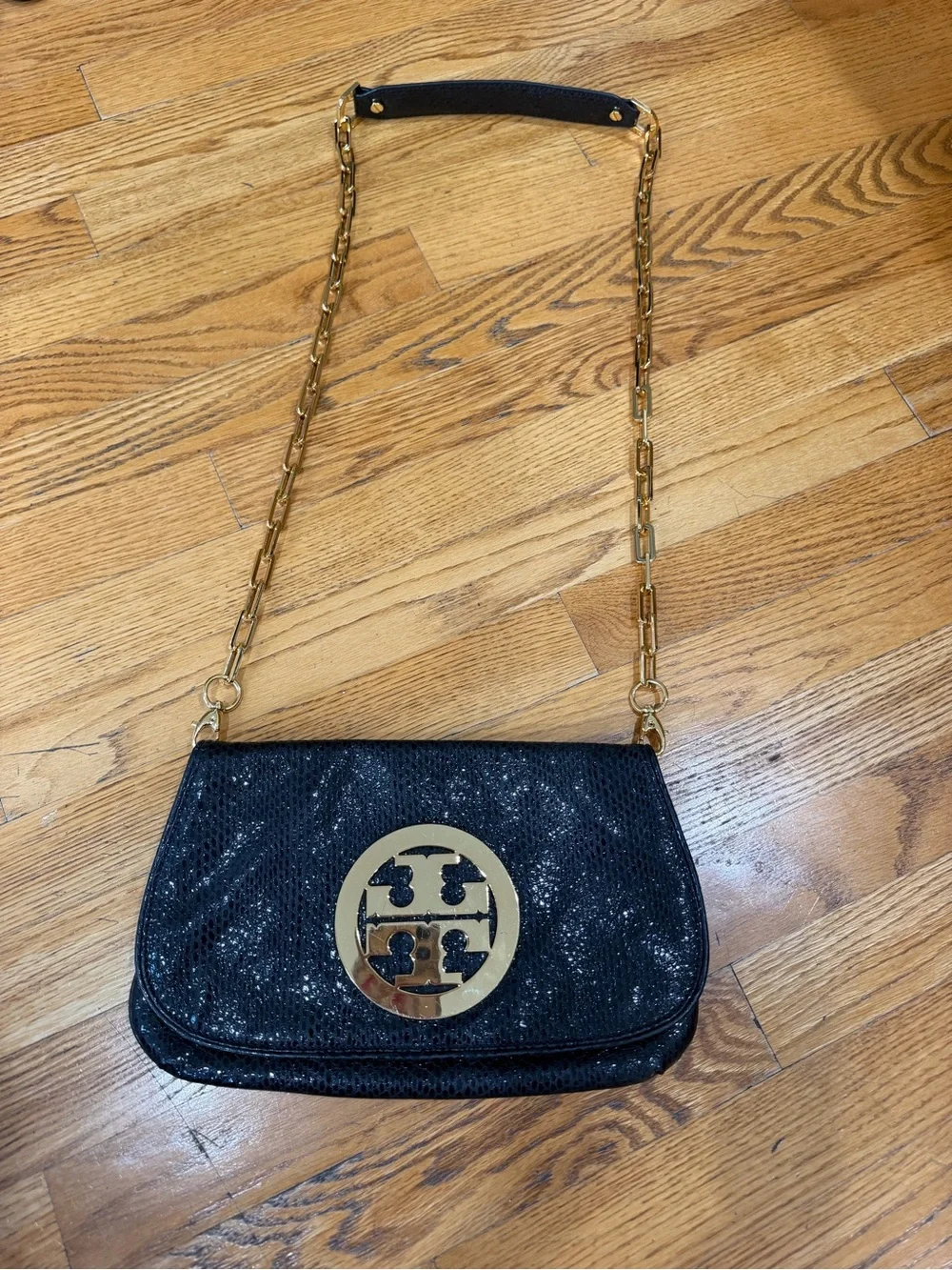 Tory Burch Reva Black Snake Embossed Clutch Crossbody Gold Chain